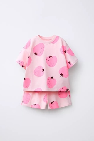 Magu Kız Çocuk Pamuklu Pembe Çilek Desenli T-shirt Şort Takım