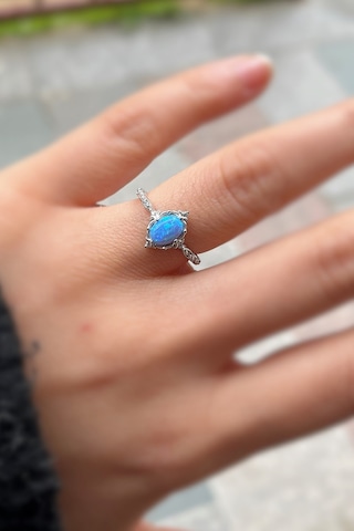 925 Ayar Gümüş Oval Mavi Opal Taşlı Vintage Yüzük Gümüş