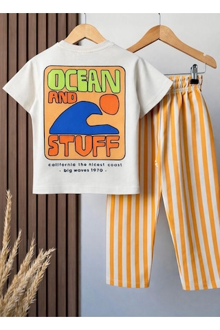 Magu Erkek Çocuk Pamuklu Ocean Baskılı T-shirt Çizgili Eşofman Takım Çok Renkli