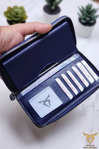 Xclub Model Unisex Telefon Bölmeli El Geçmeli Kordonlu Deri Portföy Kartlık Uzun Cüzdan Lacivert Siyah