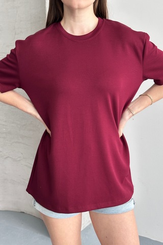 Balenbi Kadın Modal Bisiklet Yaka Basic Yarım Kollu T-shirt 1211 Bordo