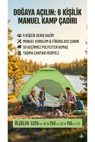 Çadır Su Geçirmez Geniş Kampçı 6 Kişilik 220x250x150cm Barınma Ünitesi Aile Çadırı Macera Malzemesi Çok Renkli