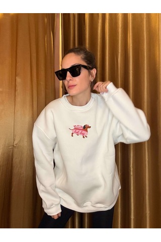 Ali Butik Beyaz Dog Nakış İşlemeli Şardonlu Sweatshirt Beyaz