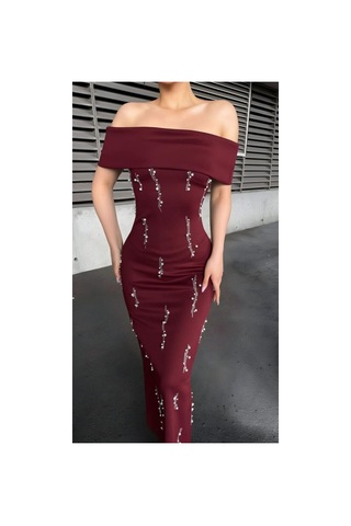 DefyModa Kadın Scuba Esnek Kumaş Straplez Taş Detaylı Abiye Elbise Bordo