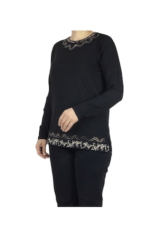 Kadın Yaka Ve Etek Desenli Taşlı Likralı Bluz-arpbattal2 siyah