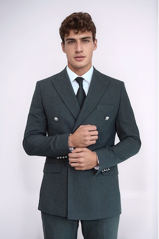 Gümüş Renk Metal Düğmeli Slim Fit Kruvaze Koyu Gri Erkek Takım Elbise Wessi Füme