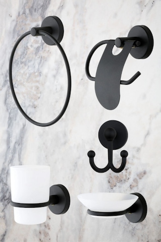 MultiStore 5'li Banyo Aksesuar Seti Halka Havluluk/Tuvalet Kağıtlığı/Askılık/Sabunluk/Diş Fırçalık Siyah