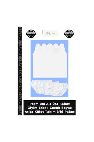 Astrid T Premium Alt Üst Rahat Giyim Erkek Çocuk Beyaz Atlet Külot Takım 3'lü Paket