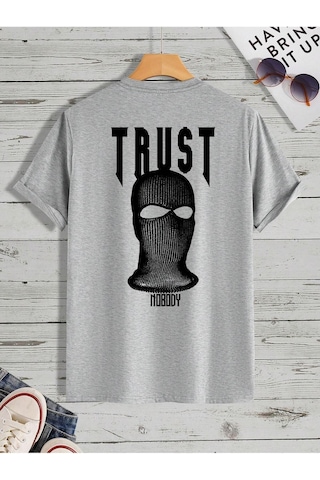 Trust Mast Süprem T-shirt - Gri Baskılı Oversize Bisiklet Yaka Kısa Kol Tişört Gri