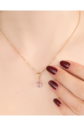 Lekka Design Kadın Kararmaz Çelik Takı Pembe Damla Zirkon Taşlı Şık Kolye Altın