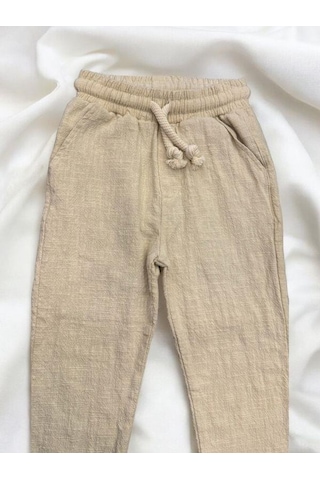 Nanica Kids Erkek Bebek Keten Beli Lastikli Bol Paçalı Pantolon-14077 Bej