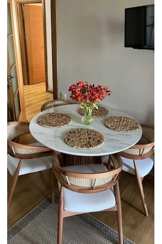 Elor Yuvarlak Ahşap Masa Takımı Bohem 4 Kişilik Mutfak Masa Sandalye Takımı Krem