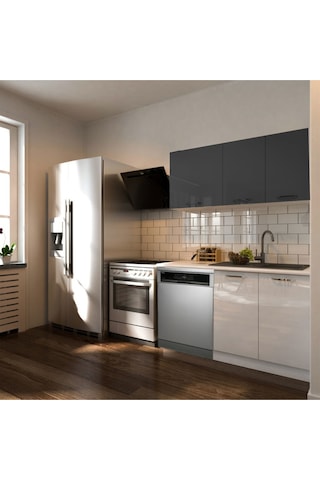 Hiima Hazır Mutfak Dolabı 140 Cm- Parlak--beyaz Laminat Tezgah Dahil-bulaşık Makinesi Yeri Mevcut Antrasit