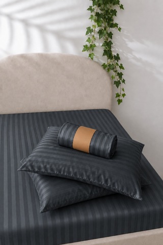 Çizgili Saten Çarşaf Takımı Seti Lastikli Yumuşak & Parlak Tek/çift/battal Boy 30 Cm Yükseklik Antrasit