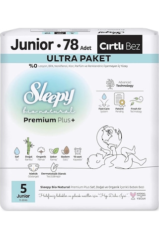 Sleepy Bio Natural Bebek Bezi Ultra Paket 5 Beden 78 Adet 5 Numara