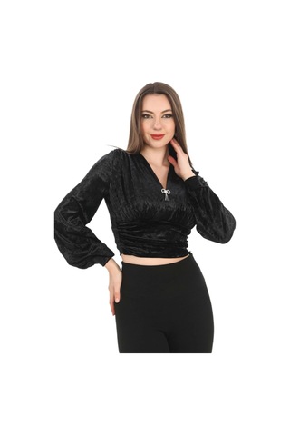 Lodmela Broş Detaylı Kadife Crop 6007-siyah Siyah