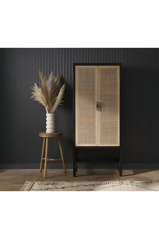 Noir Masif Ahşap Rattan Detaylı Büfe Dolap