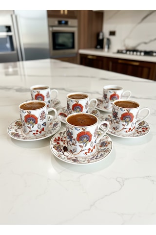 Kapris 6 Kişilik 12 Parça Kahve Fincan Takımı Yx-241105 Beyaz - Kırmızı