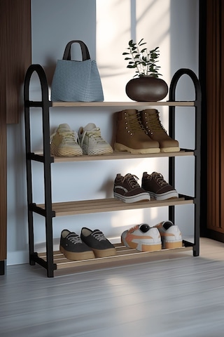 Flex Elite Çok Amaçlı 4 Bölmeli Siyah Ahşap Raf Ayakkabılık, Banyo Ve Mutfak Rafı, Organizer Raf - S-789 Siyah