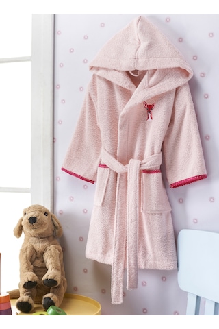 Ceylan Nakışlı Kapüşonlu Çocuk Bornoz Pudra