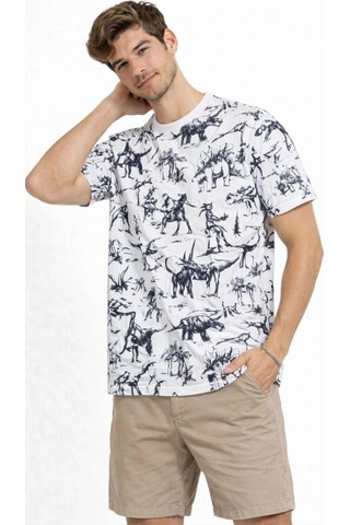 Freedom Storee Erkek Dinozor Dijıtal Ön Ve Arka Baskılı Tişört Bisiklet Yaka T-shirt - Beyaz Çok Renkli