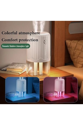 T06 Büyük Kapasiteli Atmosfer Gece Lambası Ev Tipi Çift Sprey Hava Nemlendirici, Renk: Beyaz Pil