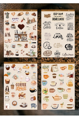 4'lü Kahve Temalı 12 17 Cm Sticker Seti/bullet Journal, Scrapbook, Ajanda, Planlayıcı, Defter Için Diğer