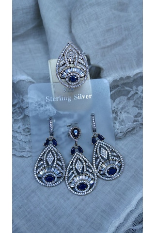 Otantik Safir Taşlı Gümüş 3 Lü Set Bronz