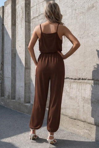 Butik İstanbul Kadın Ip Askılı Kruvaze Yakalı Belden Kuşaklı Uzun Sandy Tulum Kahve