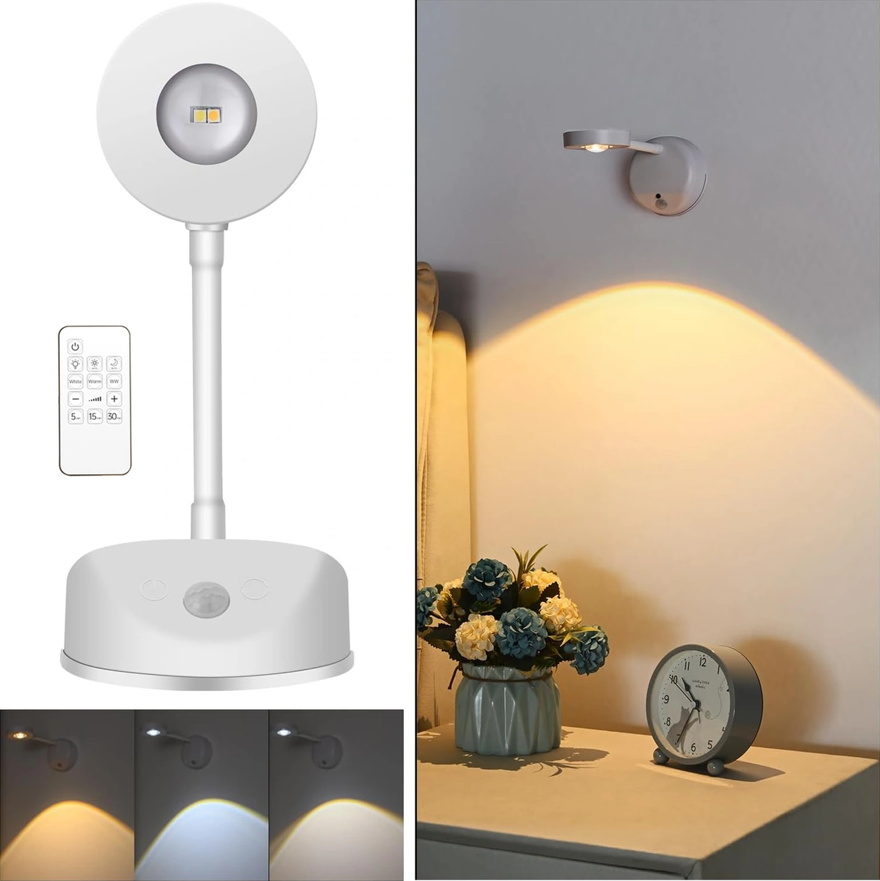 Yuntech01 Duvara Monte Edilebilir Şarjlı Led Spot, İnsan Algılama Özelliği, 3 Renk Seçeneği, 3m Algılama Mesafesi, Gölge Lambası Beyaz