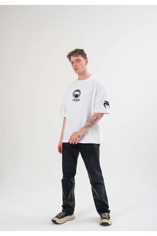Vexor Erkek Kısa Kol Tişört Göğüs Ve Kol Bisiklet Yaka Baskılı T-shirt - Beyaz Çok Renkli