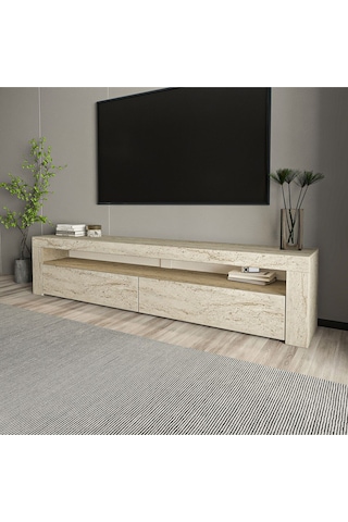 Batı LED Işıklı 2 Kapaklı TV Sehpası – 150 cm – Minimal Tasarım, Traverten