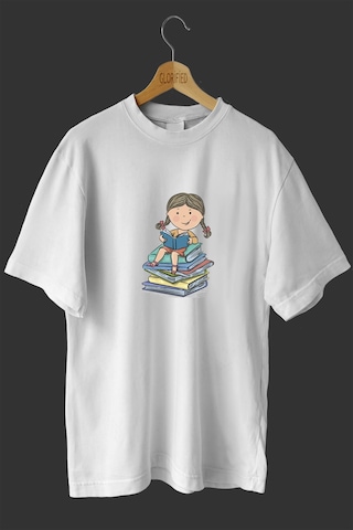 Noıssey -wed Kitap Okuyan Kız Tasarım Baskılı Oversize T-shirt Tişört Beyaz