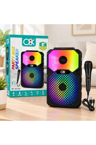 8 İnç Bluetooth Mikrofonlu Karaoke Hoparlör Şarjlı, Rgb