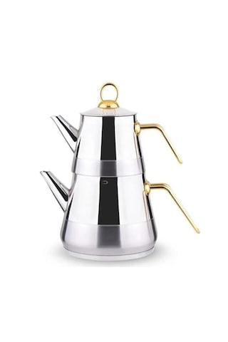 Lines 3058 Piramit Metal Kulplu Paslanmaz Ortaboy Çelik Çaydanlık