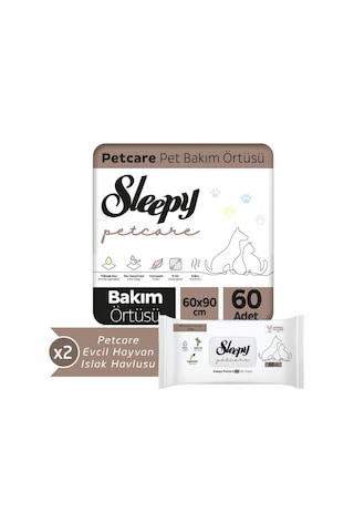 Sleepy Petcare Pet Bakım Örtüsü 2 x 30 Adet + Evcil Hayvan Islak Havlusu 2 x 60 Adet