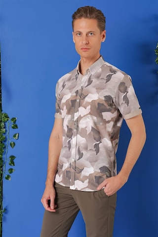 Efor Slim Fit Düğmeli Yaka Kamuflaj Desenli Kısa Kol Pamuk Bej Gömlek G 1500 Bej