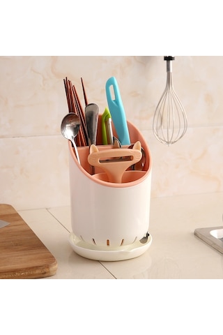 Sones Yaratıcı Çok İşlevli Çift Drenaj Rafı Mutfak Çubukları Saklama Kovası Sofra Takımı Saklama Kutusu, Renk: Pembe