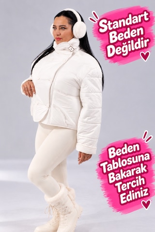 Ay-sel Büyük Beden Kadın Beyaz 42-48 Beden Kapitone Elyaf Dolgulu Astarlı Düğmeli Cepli Ceket Aysel
