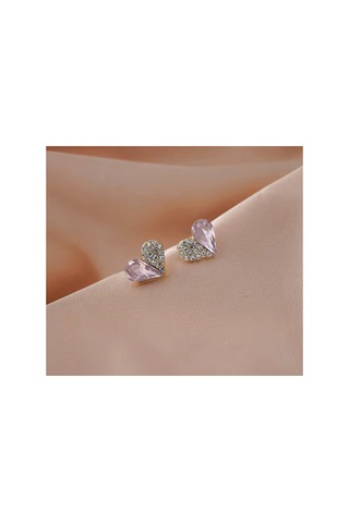 Amorette - Pembe Zirkon Beyaz Kristal Taşlı Şık Kalp Şeklinde Tasarım Sevgiliye Hediye Küpe Gold