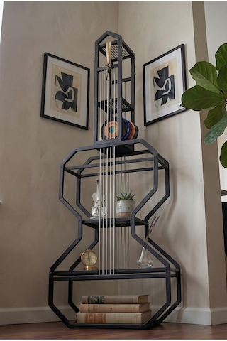 Gitar Ünite Metal Raflı Kitaplık Siyah Metal Tel