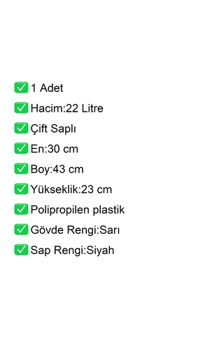 Plastik Alışveriş El Sepeti Çift Saplı 22 Litre Sarı 1 Adet / En:30 Boy:43 Yükseklik:22 Cm Sarı