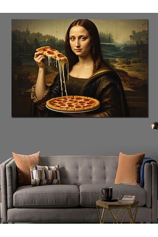 Pizza Yiyen Mona Lisa Dekoratif Kanvas - Mdf Ahşap Tablo