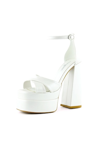 Erkan Saçmacı Celine İnci Beyaz Önü Açık Çapraz Bantlı Çift Platformlu Kalın Topuklu Abiye Gelin Ayakkabısı