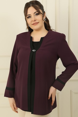 İçi Likralı Atlet Omuzlar Vatkalı Garnili Büyük Beden Krep Ceket 2'li Takım-35937 Mor
