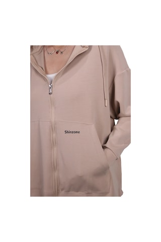 Kadın Modal Kumaş Yumuşak Dokulu Fermuarlı Rahat Kalıp Bej Kapüşonlu Ceket Hırka Bej