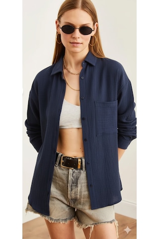 Kadın Oversize Basic Cepli Müslin Gömlek Lacivert
