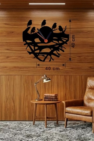 Büro Ev Ofis Dekoru İçin 40cm Ahşap Laser Kesim Daldaki Kuşlar Tema Duvar Saati Diğer