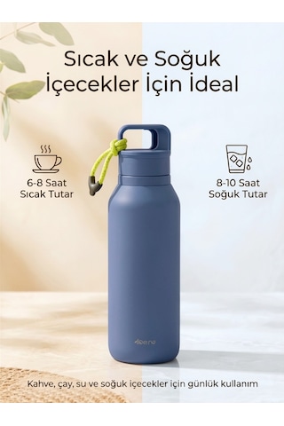 Çelik Termos 560 Ml Paslanmaz Çelik Çift Duvarlı Sızdırmaz Kapaklı Askılı Taşınabilir Sıcak Soğuk Termos - Mavi Lacivert