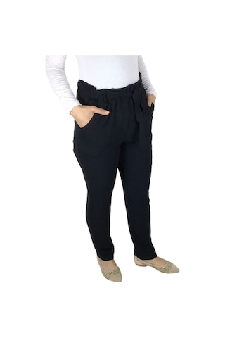 Kadın Beli Lastikli Kuşaklı Cepli Dar Paça Ayrobin Pantolon Siyah